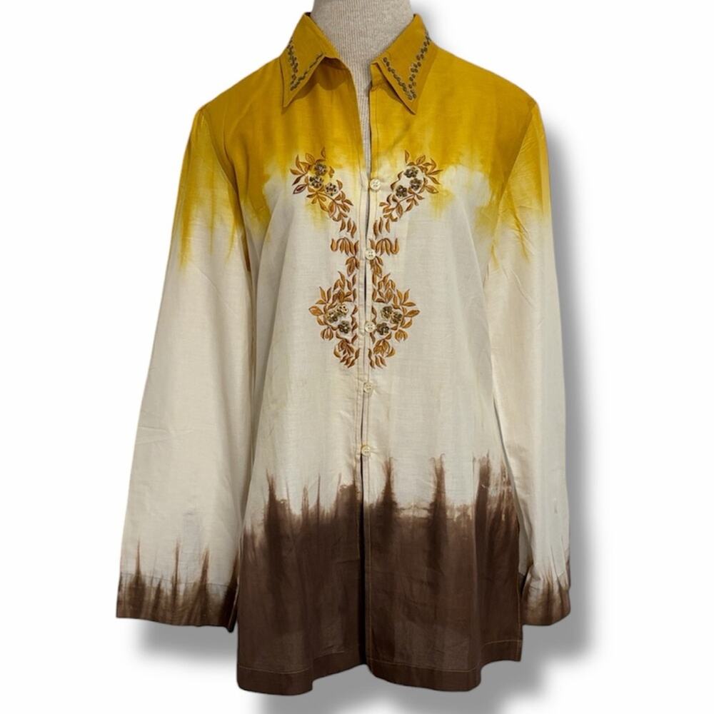 Claudia Gil Mustard Ombre Tie Dye Embroidered Cotton Button Up Shirt Small